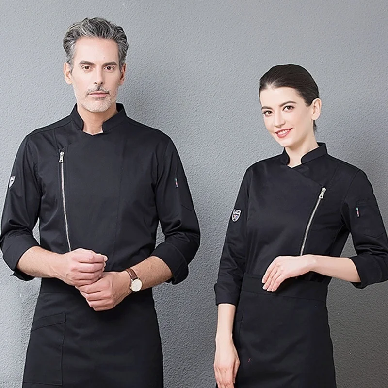 Veste de chef cuisinier pour hommes et femmes, manteau de cuisinier, uniforme de restaurant, col montant à fermeture éclair, vêtements de service de cuisine