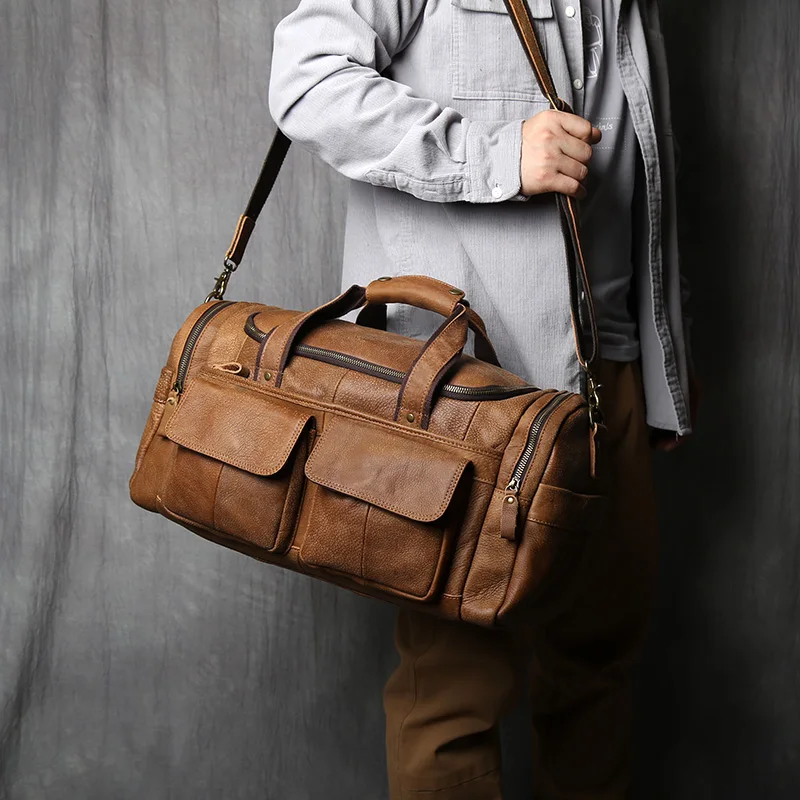 NZPJ Retro Herren Handgepäcktasche Leder Reisetasche Oberschicht Rindsleder Große Kapazität One Shoulder Messenger Bag Lässiger Laptop – Detail 4