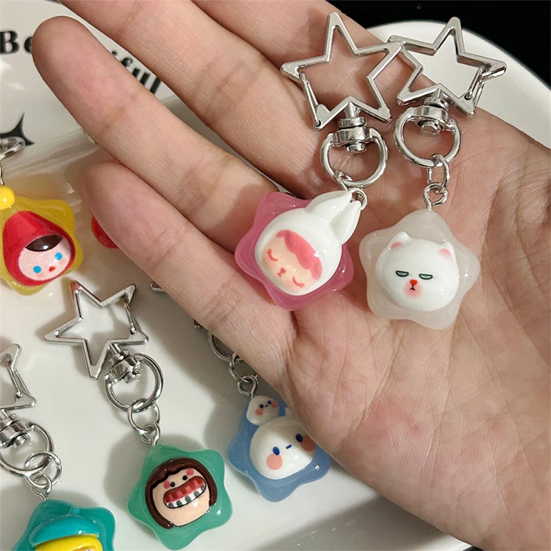 Kawaii Cartoon Animals Pentagram Luminous Keychain Creative Girl Heart Glow In The Dark Keyring Bag Pendant Car Key Accessories