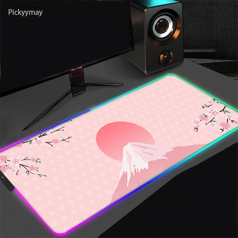 RGB Art Japanese Fuji Large Mouse Pad Pink Sakura Gamer Mousepad PC Table Mats Big Deskpad 90x40 Desk Mat LED Light Mausepad 