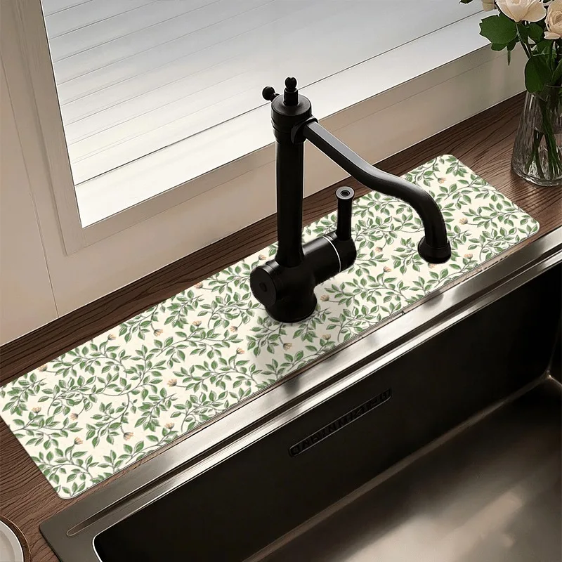 VIKAMA Vintage Leaf Print Dish Drying Mat Non-Slip Fast Drying Faucet Draining Mat  Durable Reusable for Kitchen Bathroom Mat