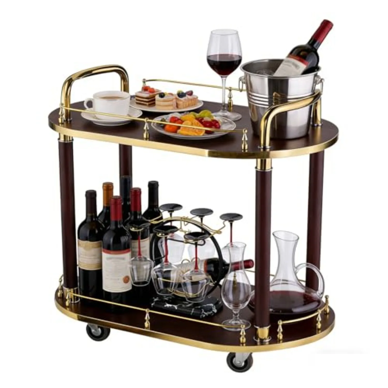 Bar Cart, Business Restaurant Serving Cart with Wheels and Handle, 2-Tier Beverage Cart, Serving Trolley for 5 Star