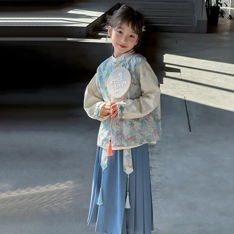 Girls 2024 Autumn New Chinese Style Shirt Children National Style Flower Vest Fashion Horse Face Skirt Three Piece Set