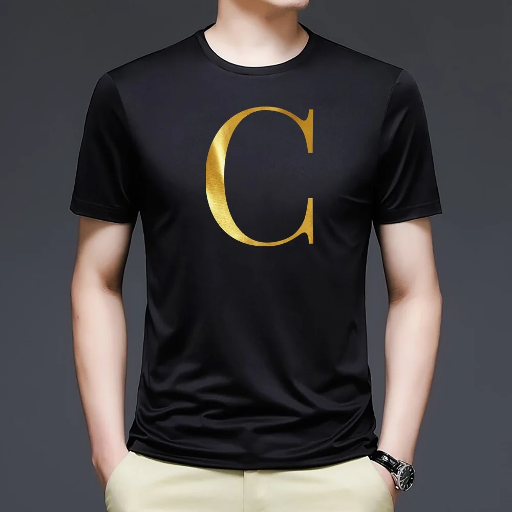 Letter Combination Fashion Men T-shirt Letter Font A B C D E F G Short Sleeve Tops Summer Short Sleeve Black T-shirt Clothing