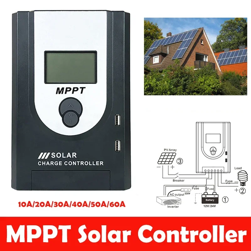 MPPT Solar Charge Controller 12V 24V Automatic Detection System Protection Safe Charging Solar Panel Regulator 10A 20A 30A 60A