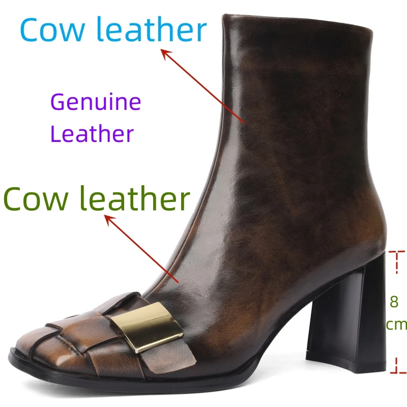 【JOCHEBED HU】New Brand Genuine Leather Metal Decor Woman Side Zipper Ankle Boots Chunky Heel Square Toe Luxury Designer Shoes