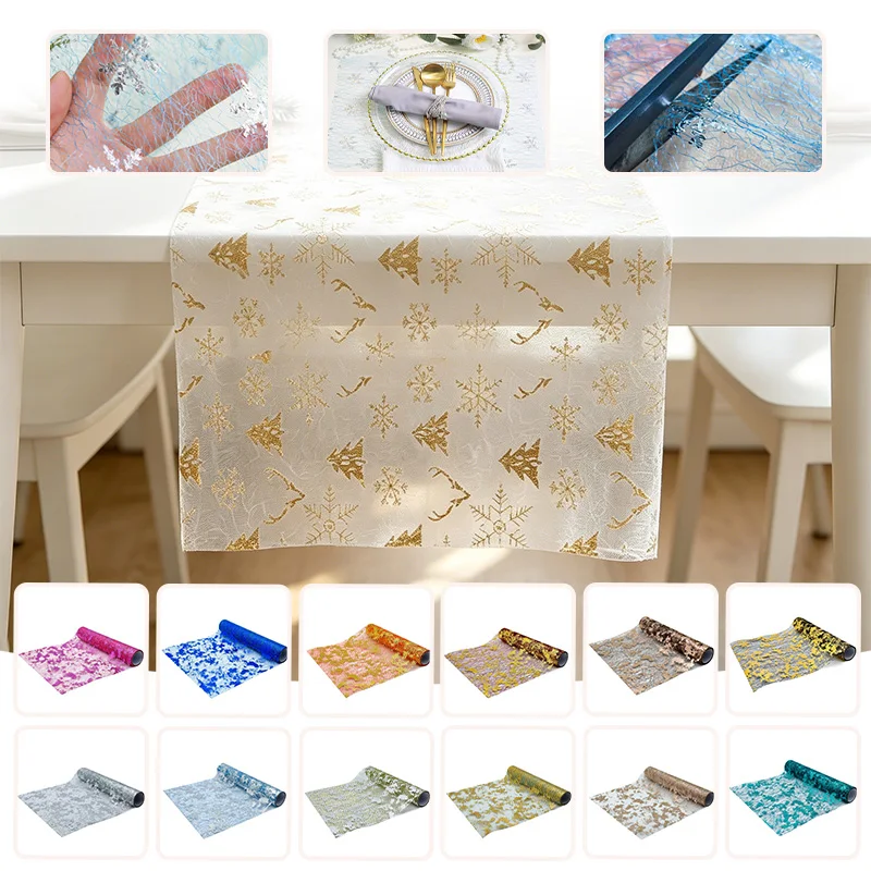 28cmx15M Sequin Glitter Table Runner Metallic Mesh Gold Fabric for Table Decor Christmas Wedding Birthday Supplies Decoration