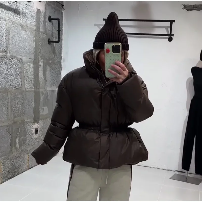 Casual Solid Women's Cotton Coats Back Zippers Stand Collar Thicken Waist Jackets 2026 Autumn Winter Fashion Lady Outwear