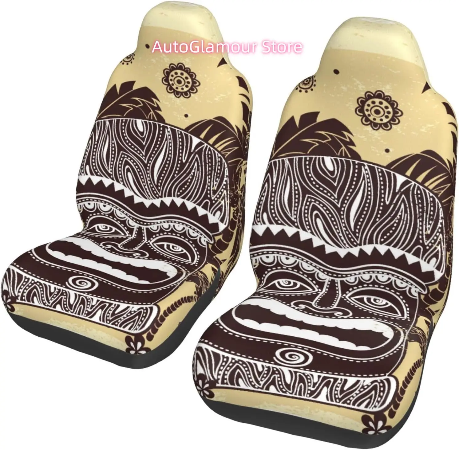 Tiki Mask Figure Palm Trees Ornate Flowers Sunny Summer Universal Car Seat Covers 2-Piece Set - Stretch-to-Fit Front Seat Protec