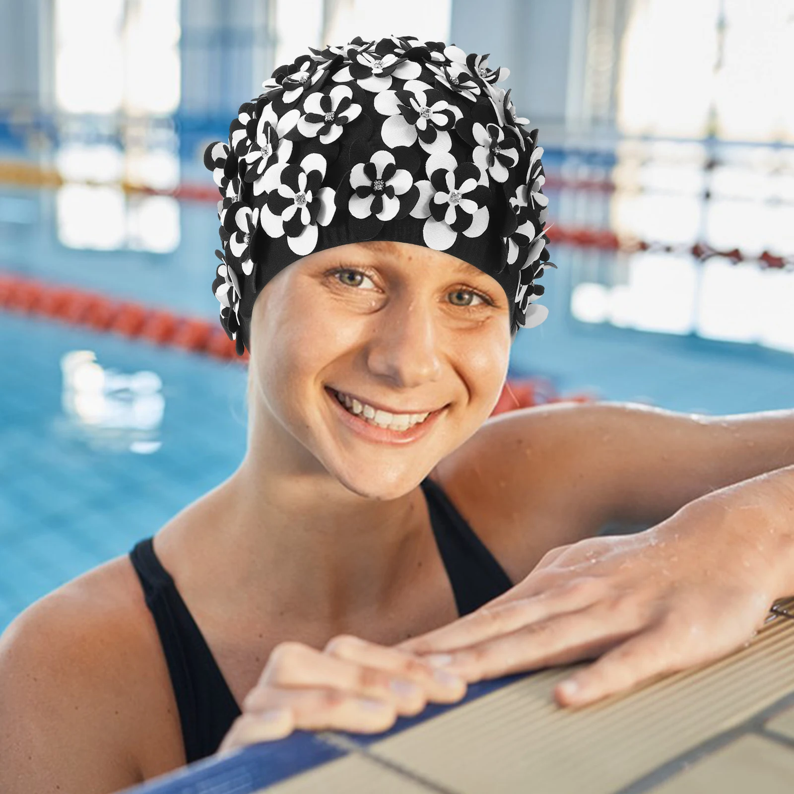 قبعة سباحة مقاومة للماء على شكل زهور للنساء، قبعة سباحة لحماية الشعر الطويل، قبعات سباحة مريحة مقاومة للاهتراء للاستخدام في الهواء الطلق #3