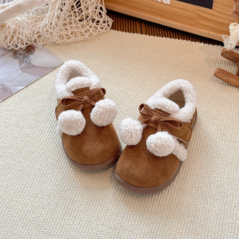 

Children's Shoes Winter Girl Fashion Cow Suede Flats Warm Casual Shoes Kids Short Plush Comfortable Soft Sole Girls Cotton Shoes