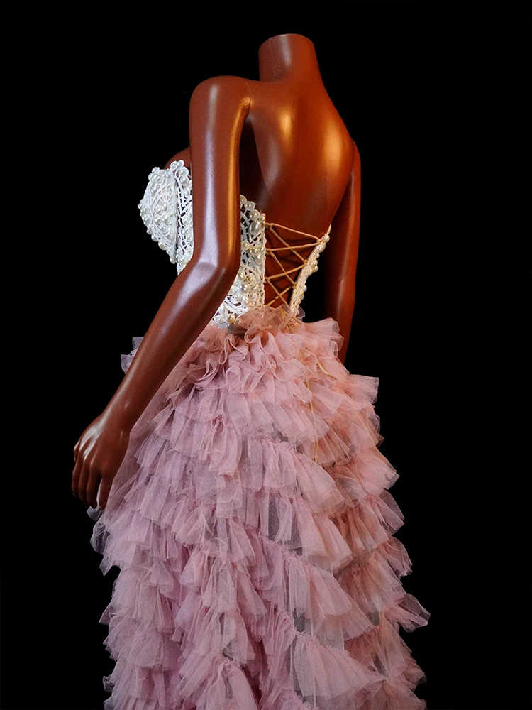 Elegant Long Dress Pearl Pink Two-Piece Sexy Evening Wedding Party Club Birthday Outfits Celebrate Stage Bar Drag Queen Costumes