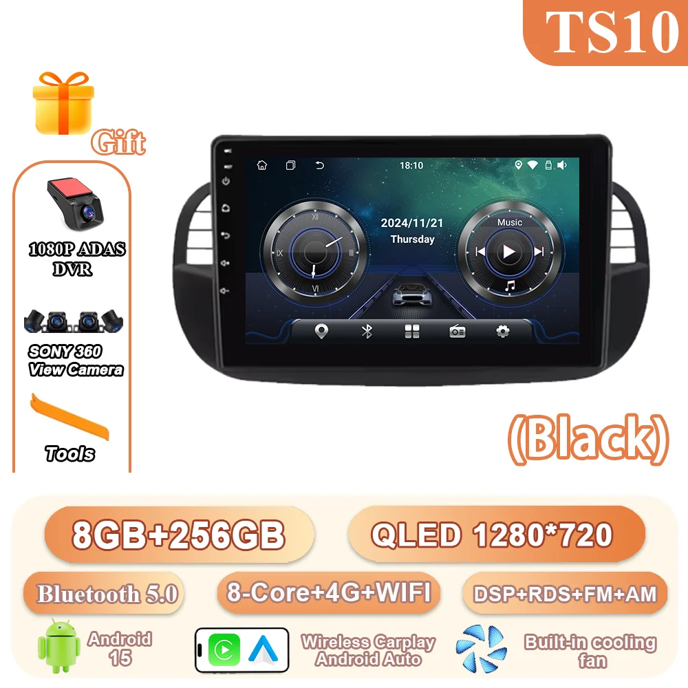 9 ''Android 15 Autoradio Stereo Voor Fiat 500 2007-2015 Auto GPS Navigatie Stuurbediening Multimedia Carplay 4G + WIFI