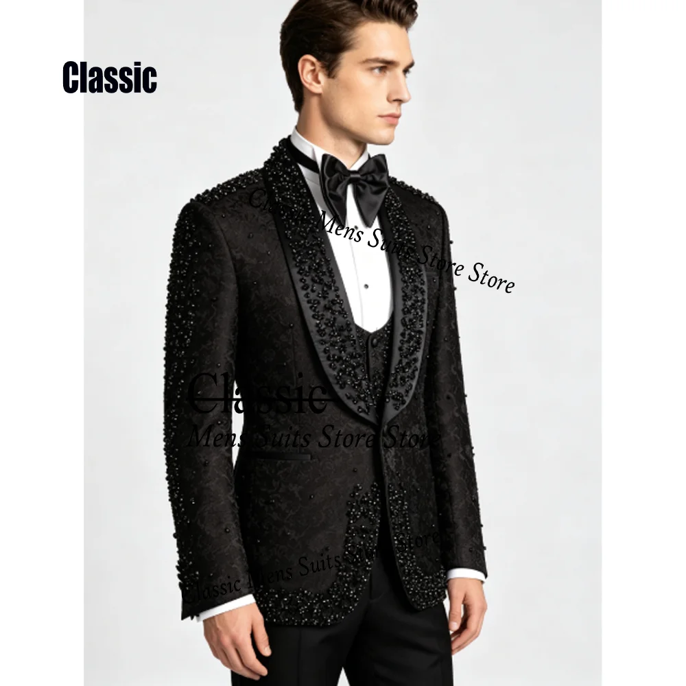 Gorgeous Crystal Jacquard Men Suit Customized Glitter Paillettes Wedding Tuxedos Slim Ropa hombre 3 Pieces Set Groom Male Blazer