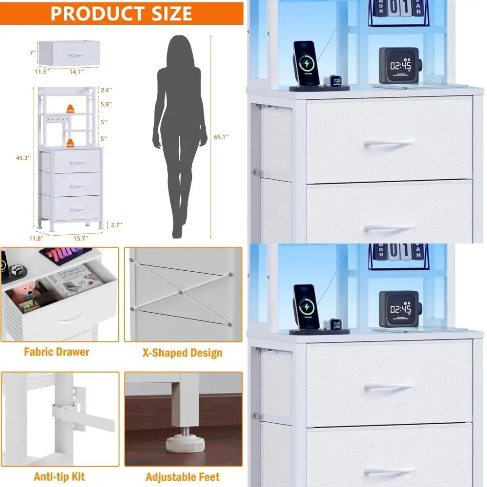 Mesa de cabeceira com prateleiras de 3 camadas iluminadas por LED, 45,3 de altura com gavetas de tecido, mesa de cabeceira com USB e tomadas (branca)