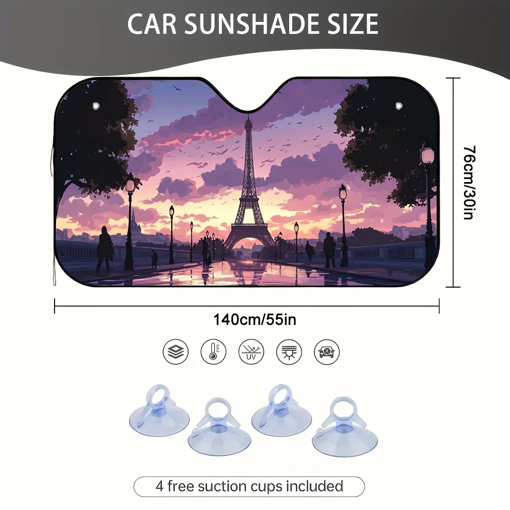 1pc Eiffel Tower Sunset Stroll Car Sun Visor, Super Easy Installation, Blocks Sunlight, Perfect For City Commutes And Long-dista