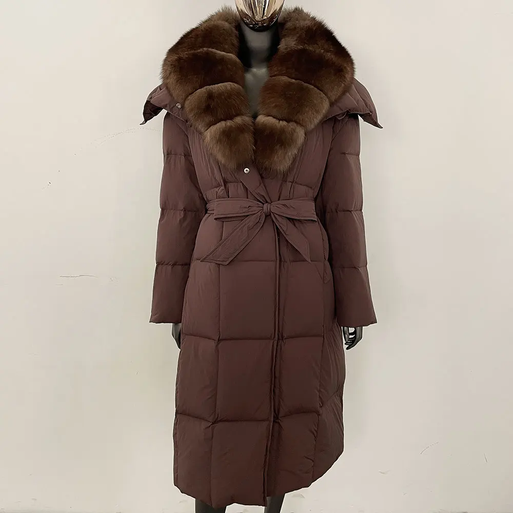 OFTBUY doudoune femmes à capuche ceinture simple boutonnage véritable col de fourrure de renard veste hiver épais chaud ample blanc canard vers le bas manteau