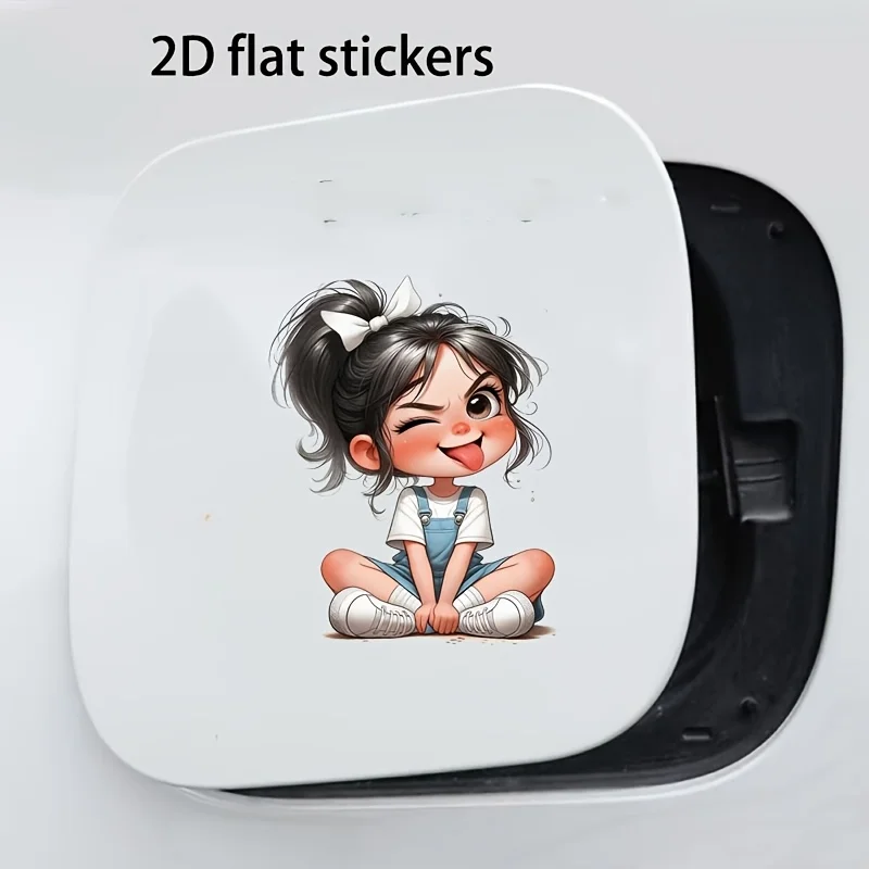 2D Flat Cute Playful Girl Waterproof Glossy Vinyl Sticker, Cartoon Decal For Car Laptop Wall Decor