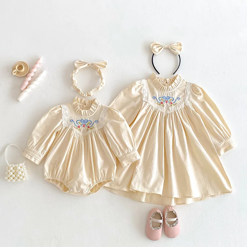 

Наряд маленькой сестры, старшой сестры, одинаковая бежевая одежда принцессы для маленьких девочек и сестер, боди для новорожденных, детское платье