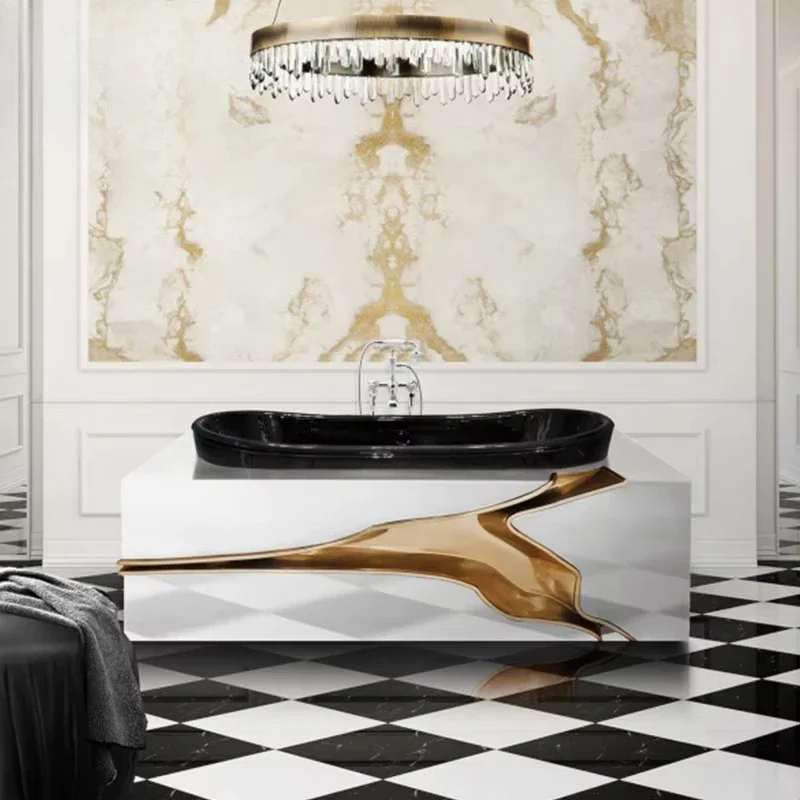 The hotel features a modern design with a freestanding bathroom bathtub