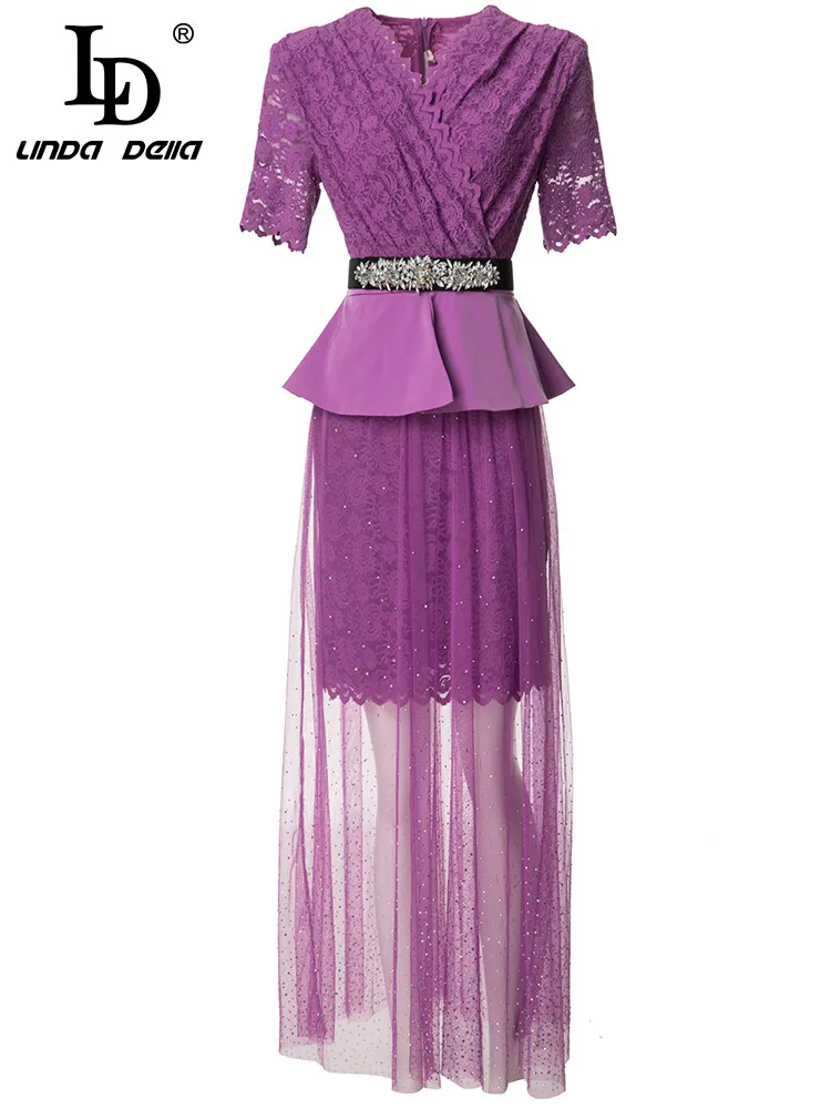 

LD LINDA DELLA Designer 2023 Summer Dress Women V-neck Belted Luxury Diamond Beading Long Sleeve Lace Ruffles Purple Long Dress