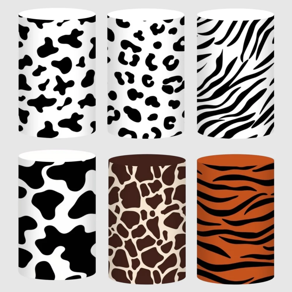 Cow Leopard Cylinder Cover Stand Backdrop Zebra Animal Print Pattern Kids Birthday Party Desserts Column Elastic Decor Props