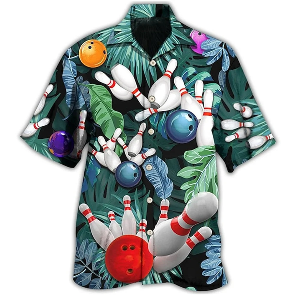 Bowling Pattern Summer Beach Hawaiian Shirt Man Camping 3d Vintage Stripe Short Sleeve Casual Vacation Imported Clothing Floral