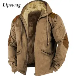 Warm Wool Lining Jackets Men Winter Fashion Patchwork Long Sleeve Hooded Coats Autumn Mens Casual Loose Zip-up Fleece Outerwear