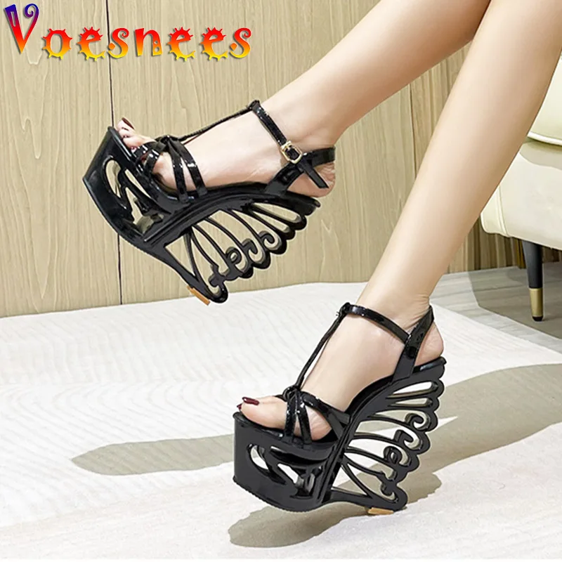 Super High Heel Sexy Hollow Out Design Wedge Sandals 2022 Fashion Thin Band Summer Women Pumps Plus Size 14.5CM Model Show Shoe