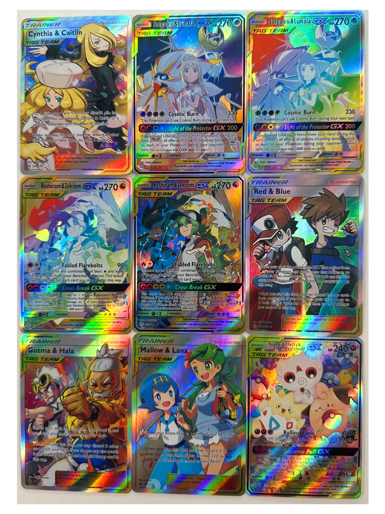 9 sztuk/zestaw PTCG Pokemon TAG TEAM angielski Lillie Cynthia Pikachu rzemiosło refrakcyjne DIY domowe karty kolekcjonerskie zabawka dla dzieci