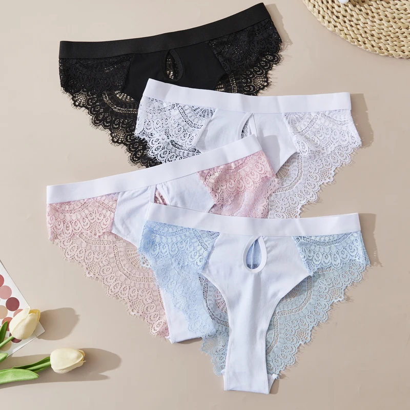 4-teiliges Set Damen-Slips mit Spitzenakzenten, sexy, romantisch, niedrig geschnitten, stilvolle Damenunterwäsche, weiche Slips