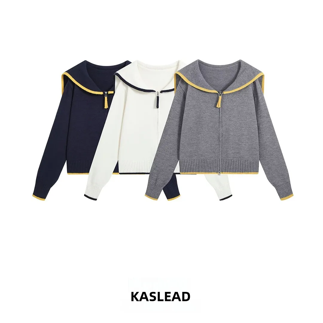 KASLEAD New Women's High-End Knitted Double-Zipper Large-Collar Color-Block Sweater Fall 2026 Long Sleeve Polyester Fiber