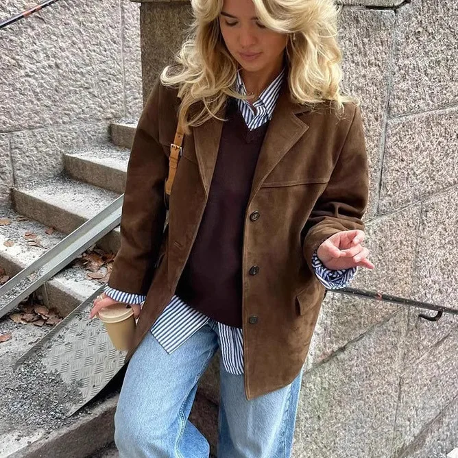 Spring New Arrival Women's Faionable Versatile Commute Sle Jaet Coat with kets Loose Fit Long Sve Regular Length