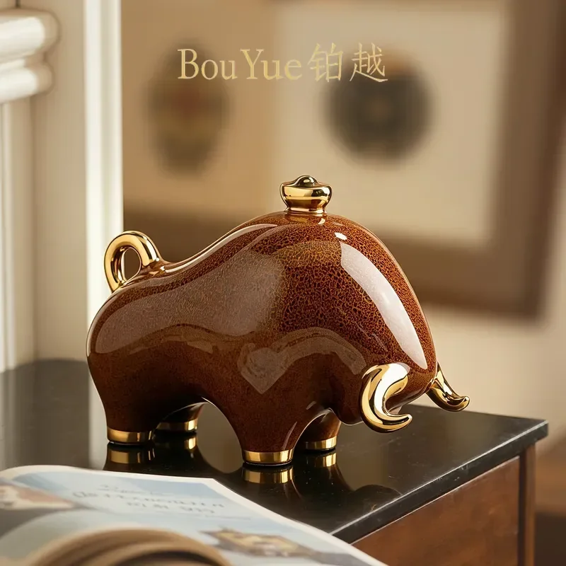 Jingdezhen Ceramic Bull Statue Luxury Home Decor Living Room TV Cabinet Desktop Ornament Feng Shui Housewarming Gift Art