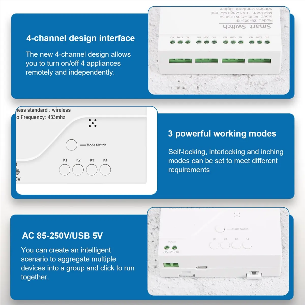 OK 4CH Zigbee Smart Light Switch Module AC 85-250V RF433 Receive 10A Relays Work with Alexa Assistant,Tuya Smart Life
