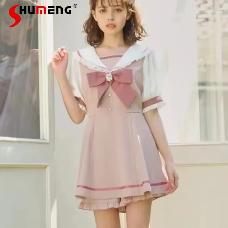 Rojita Japanese Sailor Collar Long Sleeves Dresses Outfit Spring Summer Sweet Lolita Bow Dress Shorts Suit Women's Two-Piece Set