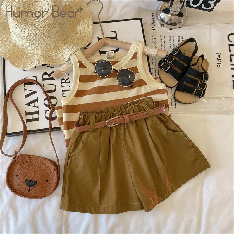 

Humor Bear Korean Version Girl's Fashionable Suit Children's Striped Camisole Shorts Two-piece Set Kids Clothing