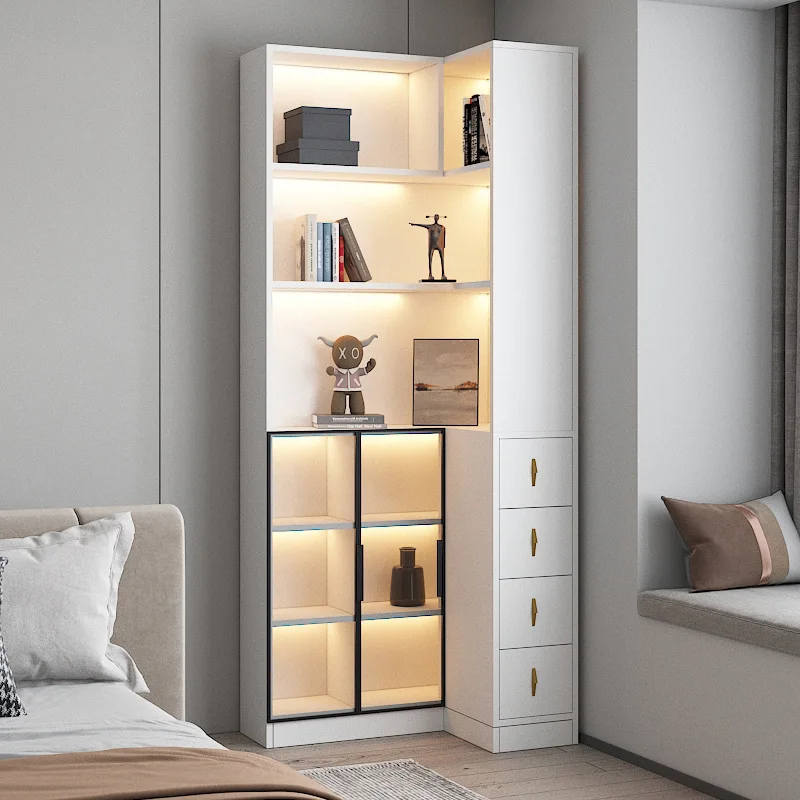 Living Room Sofa Corner Cabinet Household Bedroom Bedside Side Pull-out Cabinet, Corner Glass Door Side