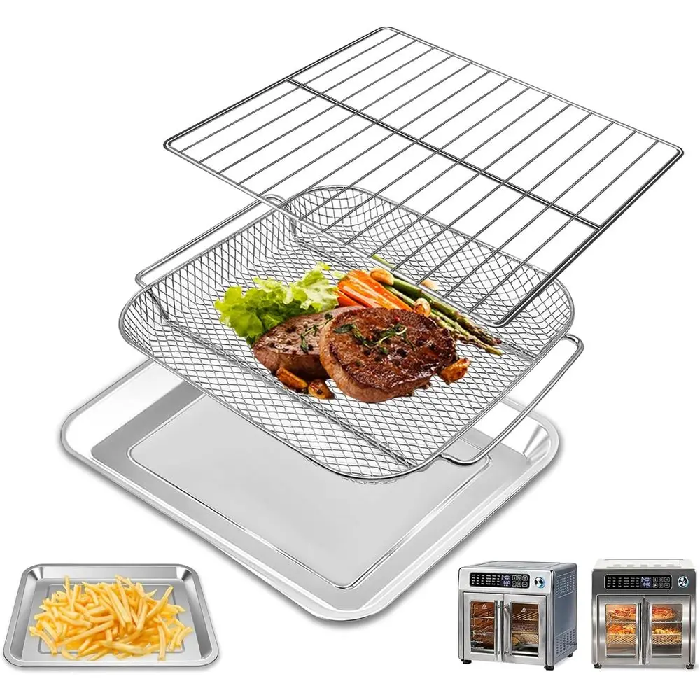 

3 Piece Sets Bake Pan Broil Basket Wire Rack 26 QT Extra Large Air Fryer Convection Toaster Oven, Stainless Steel Air Fryer Acce