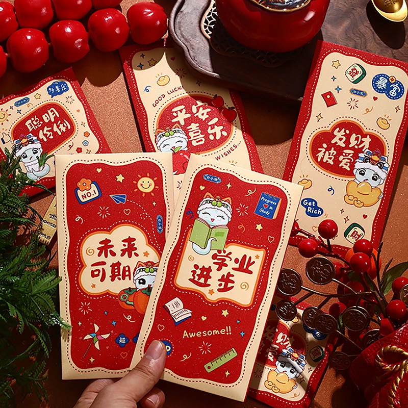 6 Stuks 2025 Leuke Cartoon Slang Jaar Rode Envelop Maanjaar Rode Zak Envelop Lente Festival Fortuin Rode Envelop Hongbao