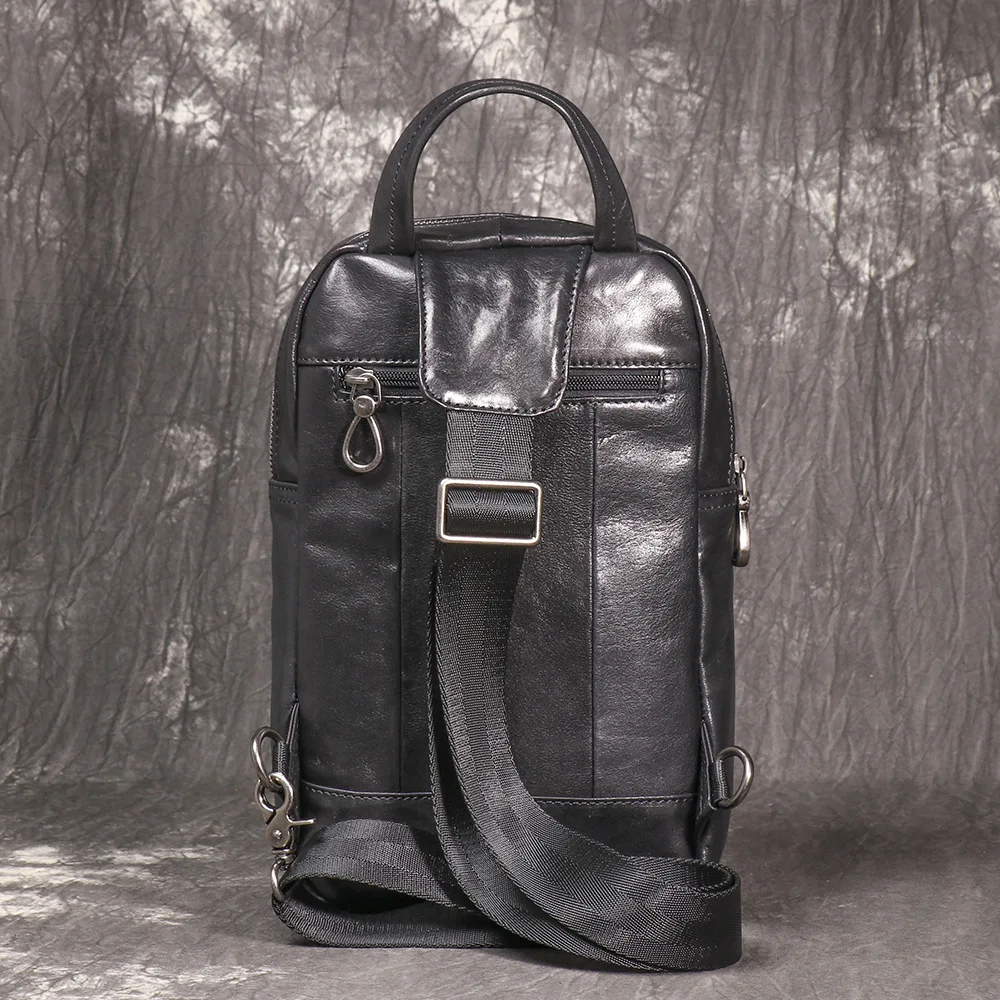 Men's Leather Crossbody Bag - Slim Cowhide Sling Backpack for Travel - Compact Shoulder Pack