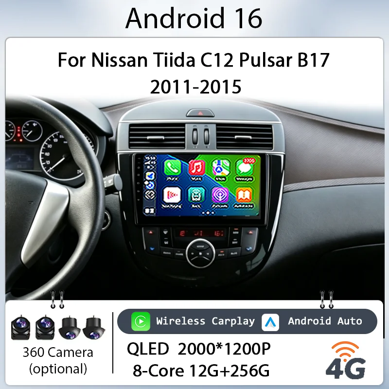 Radio Multimedia para Auto con Pantalla Táctil de 10 Pulgadas, Android 16, CarPlay Inalámbrico, GPS, BT, WiFi, DSP, para Nissan Tiida C12 Pulsar B17 2011-2015, Reproductor Multimedia IPS QLED