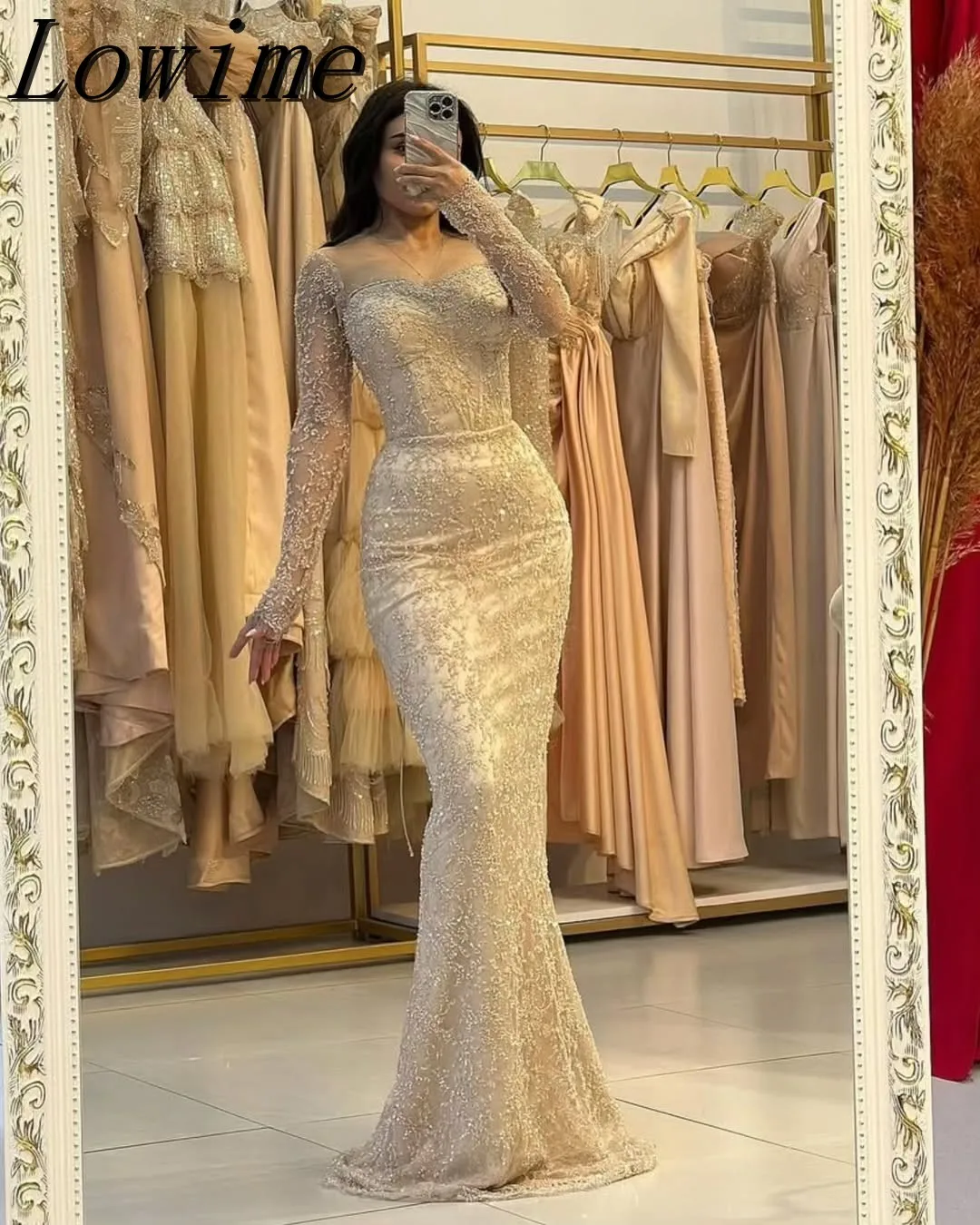 تخصيص أنيقة الشمبانيا ساحة الرقبة الديكور حورية البحر مساء حزب ثوب زائد حجم فتاة الأميرة طويلة الأكمام الدانتيل فستان الحفلة الراقصة