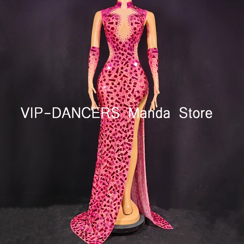 Pink Party Dresses For Women Luxury Elegant Floor-Length Dress Dancehall Queen Outfit Glitter Nightclub Gogo Dancer Wear VDL409