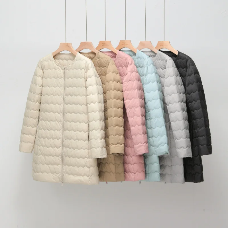 

Women's White Down Jacket Autumn Winter Lightweight Casual Mid-Length Round Neck Down Coat Duck Down Versatile Warm Outwear