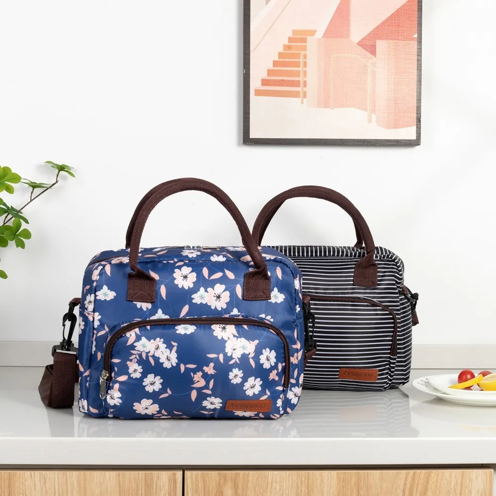 Practical Portable Nylon Lunch Bag 11 L Large Capacity Insulated Handbag Handheld Flower Printed Diaper Bag Women