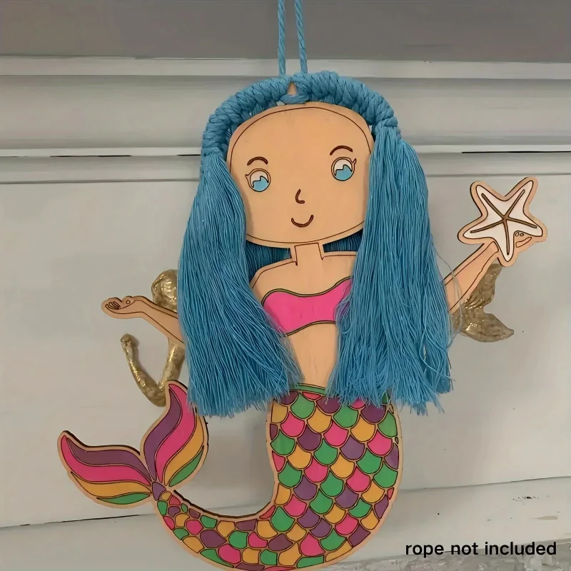 

12pcs Mermaid Wooden Hanging Crafts Kit DIY Painting Birthday Coloring Set Ornament Supply to Knot Gifts