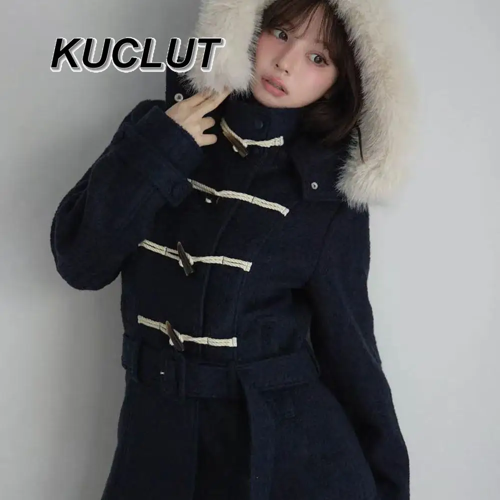 

Lady Casual Jacket Japanese Style Winter Warm Coats for Women College Wind Horn Button College Wind Fur Collar Hooded Wool Coat