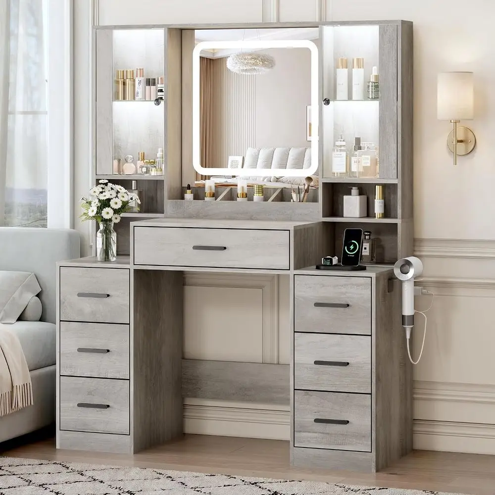 Makeup Vanity Desk with Mirror, Lights, 7 Drawers, 2 Glass Cabinets, Charging Station, Adjustable Shelves, RGB Lighting, Holder
