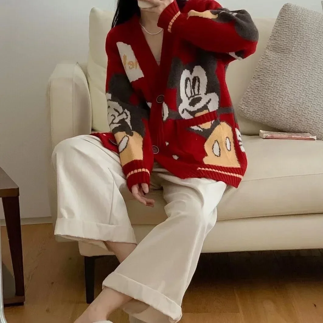 Disney Knitted Cardigan Japanese Mickey Cartoon Sweaters for Women Coat Female Autumn and Winter Loose Wild Thicken Kawaii Tops